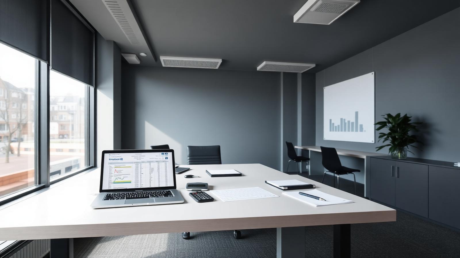 Accountancy office desk with financial reports and a laptop